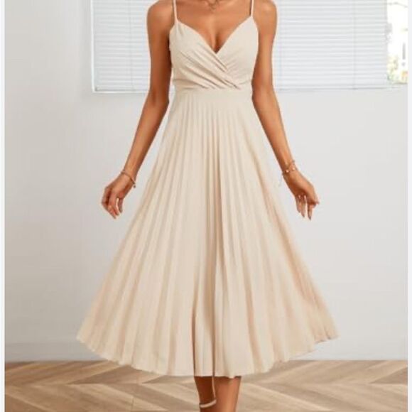 Ivory Pleated Midi Dress Med 8 10 - Picture 6 of 6